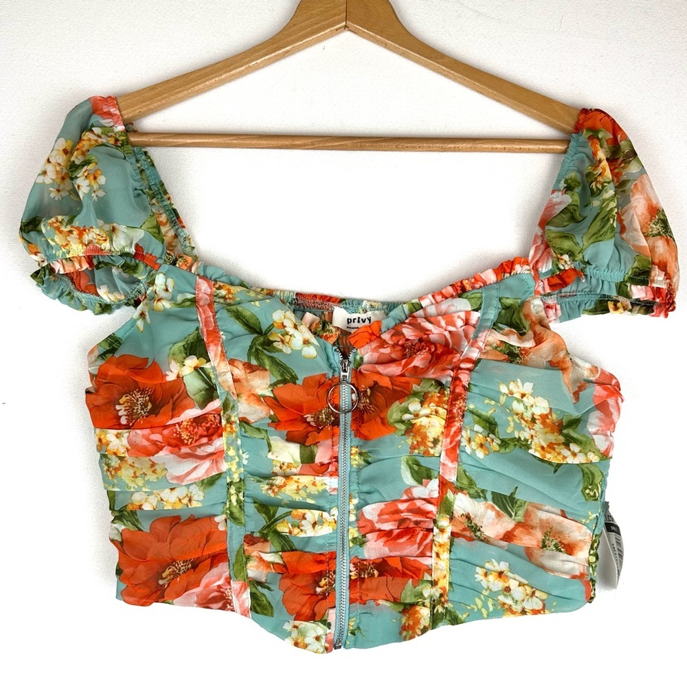 Privy Zippered Front Floral Corset Smocked Crop Top Coquette Milkmaid‎ NWT